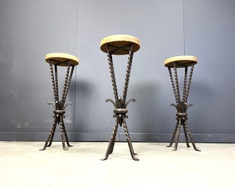 Vintage french wrought iron bar stools, 1960s - set of 3 - mid century bar stools - metal bar stools - wooden bar stools