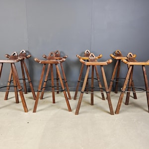 Mid century brutalist bar stools - set of 8, 1960s - vintage wooden bar stools - brutalist stools - oak bar stools - vintage bar stools