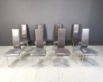 Vintage dining chairs by Giancarlo Vegni for Fasem, set of 8, 1980s - vintage italian dining chairs - grey  leather dining chairs