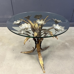 Vintage gilt metal flower side table, 1960s - hollywood regency side table - vintage side table - golden side table