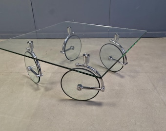 Glass coffee table with wheels, 1980s - vintage coffee table - coffee table with wheels - tavola con ruote