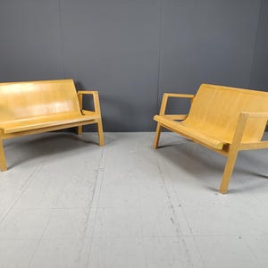 Mid century plywood benches in the manner of Alvar Aalto, 1960 - set of 2 - vintage design benches - mid century wooden benches