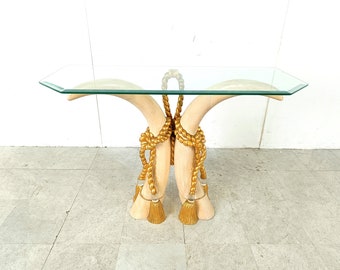 Vintage faux tusk console table, 1980s - vintage side table - golden console - hollywood regency console