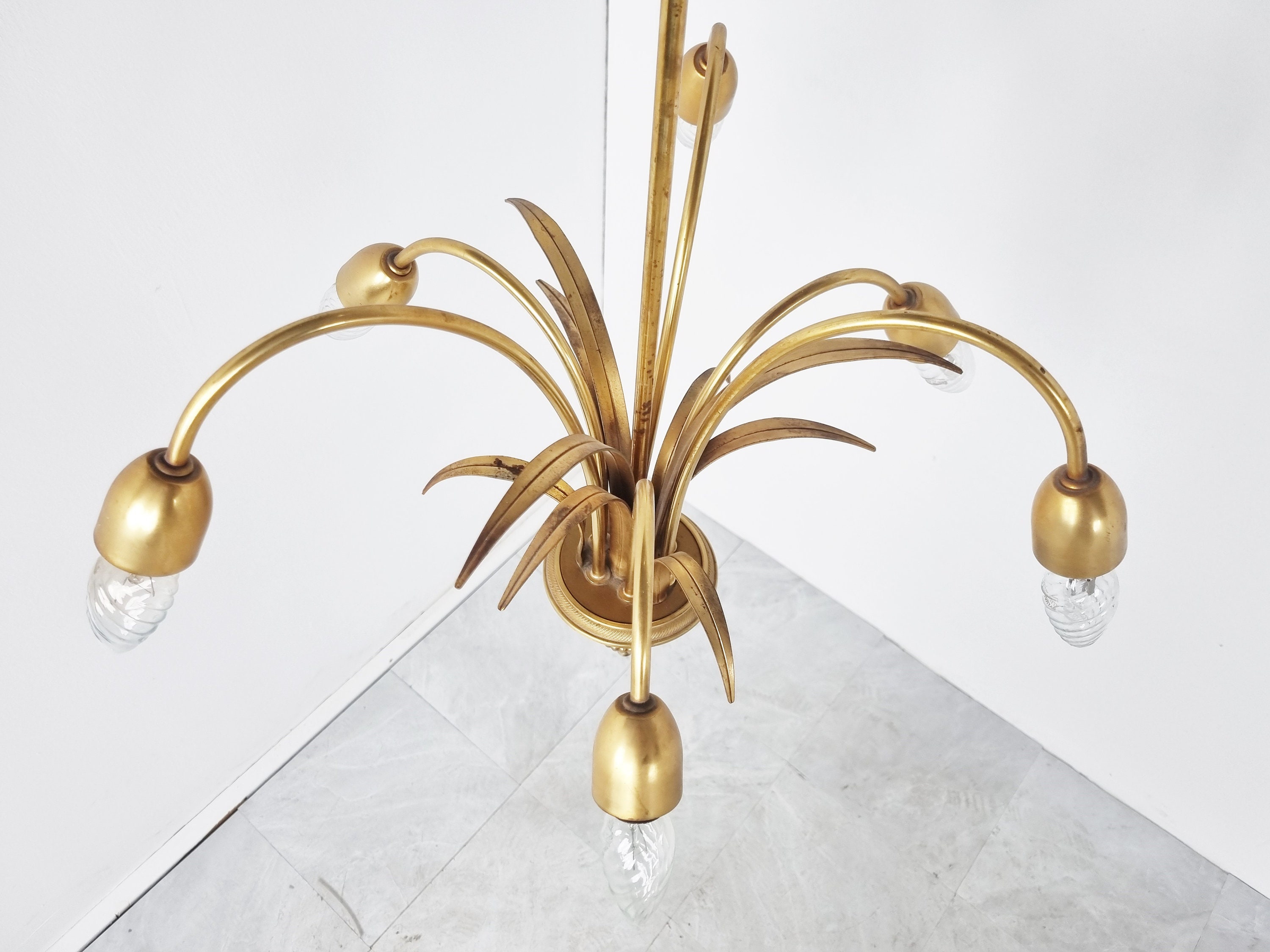 Brass Pineapple Chandelier, 1970s Vintage Chandelier Hollywood