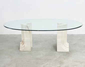 Vintage marble Carlo Scarpa style dining table, 1970s - vintage dining table - oval dining table - glass dining table