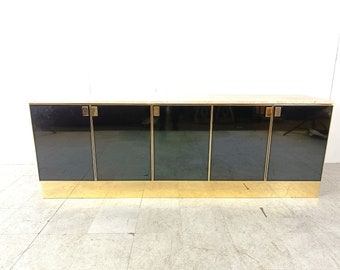 Vintage Black Lacquered and travertine credenza, 1980s - hollywood regency credenza - vintage credenza - black lacquer credenza