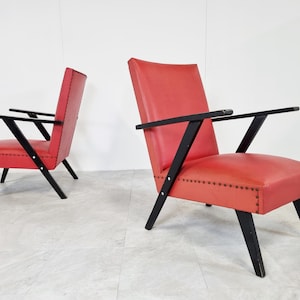 Pair of Vintage armchairs, 1960&#39;s Belgium- Vintage chairs - vintage lounge chairs - pair of skai armchairs - faux leather armchairs
