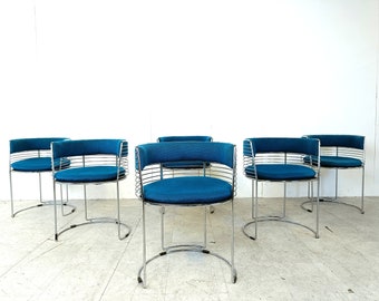 Set of 6 chrome wire and blue fabric dining chairs, 1970s - vintage space age dining chairs - vintage blue dining chairs - chromed chairs