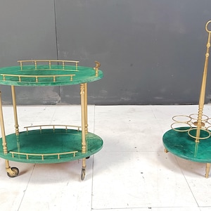 Italiaans gelakte geitenleer zwaanbarwagen en wijnflessenstandaard van Aldo Tura, jaren 60 - Vintage designtrolley - Chique Italiaanse vintage barwagen