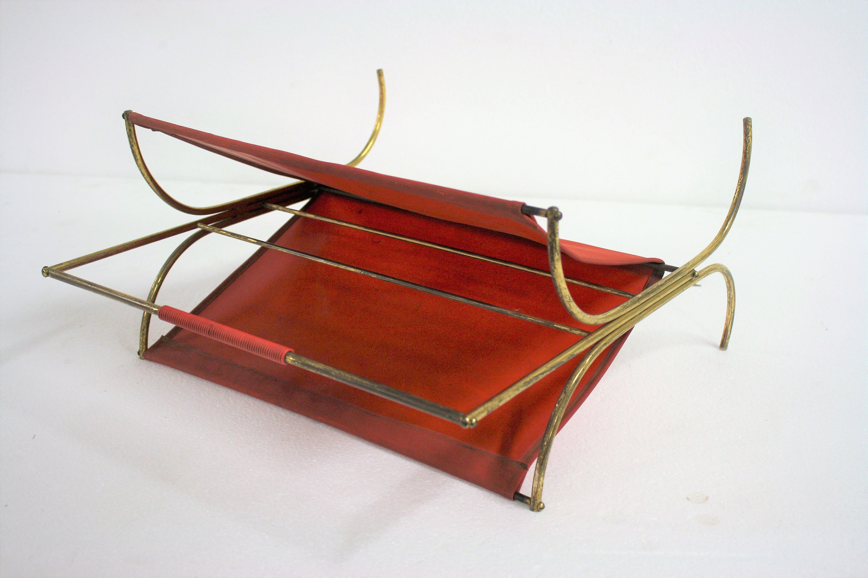 Vintage Brass Magazine Rack With Red Vinyl, 1960s - Mid Century Modern ...