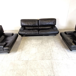 Vintage black leather sofa set, 1970s - mid century modern sofa set - vintage leather sofa set - design sofa - design couch