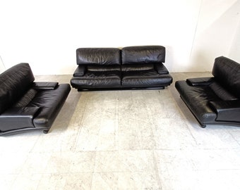 Vintage black leather sofa set, 1970s - mid century modern sofa set - vintage leather sofa set - design sofa - design couch