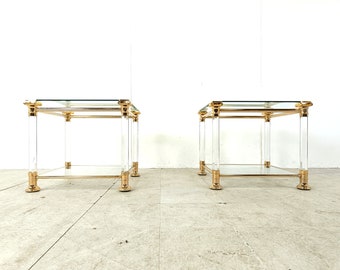 Vintage lucite and brass side tables, 1980s - brass side tables - glass coffee tables - regency coffee tables