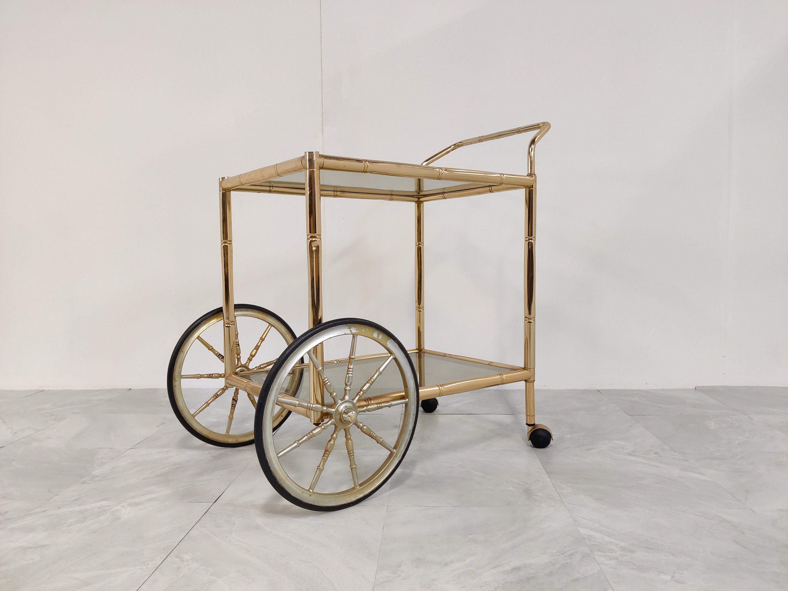 Hollywood Regency faux bamboo brass bar cart trolley with 3