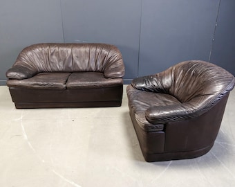 Vintage leather sofa set, 1970s - vintage design sofa set - living room set - brown leather sofa set