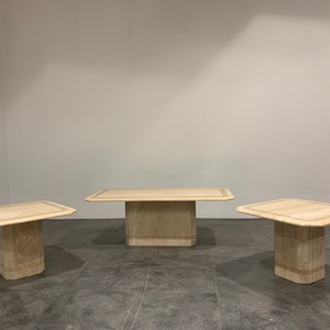 Vintage travertine coffee table and side tables, 1980s - hollywood regency coffee table - greek key coffee table