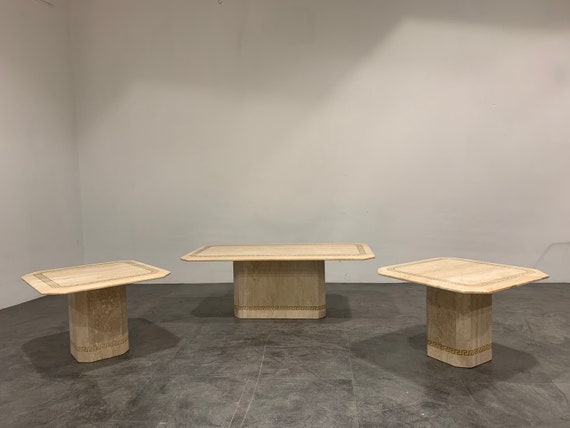 Vintage Travertine Coffee Table and Side Tables 1980s Hollywood