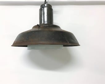 Industrial lamps with opaline glass, 1960s - vintage industrial ceiling light - enamel pendant light - factory light - industrial lamp