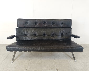 Vintage black leather and chrome sofa, 1970s - vintage design sofa - vintage two seater sofa - mid century modern sofa