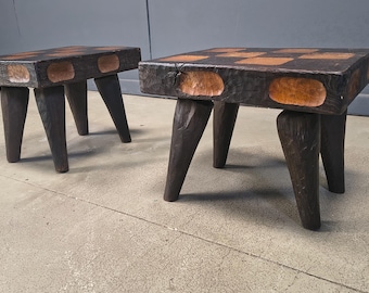 Vintage rustic wooden side tables or stools, 1960s - vintage wooden stools - oak stools - pair of side tables