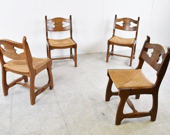 Vintage oak and wicker dining chairs, 1960s - brutalist dining chairs - vintage dining chairs - oak dining chairs