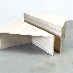 Up & Up travertine triangular coffee tables, 1970s - italian travertine coffee table - marble coffee table - vintage marble coffee table