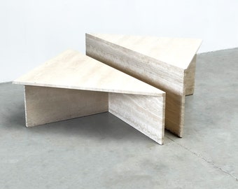 Up & Up travertine triangular coffee tables, 1970s - italian travertine coffee table - marble coffee table - vintage marble coffee table
