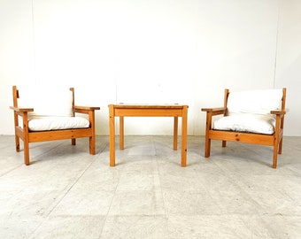 Vintage Pine Wood Armchair Set, 1980s - Vintage Living Room
