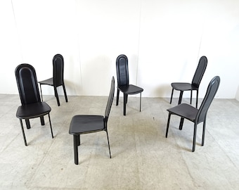 Vintage black leather dining chairs by Calligaris, set of 6, 1980s - vintage italian dining chairs - high back dining chairs