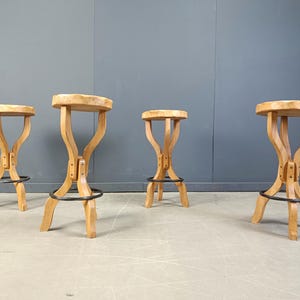 Mid century brutalist bar stools, 1960s - set of 4 - vintage wooden bar stools - brutalist stools - oak bar stools - vintage bar stools