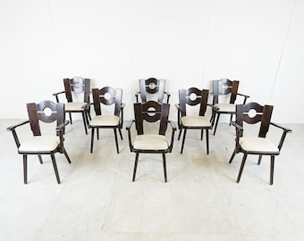 Vintage brutalist dining chairs, set of 8 - 1960s - brutalist dining chairs  - high back oak chairs - brutalist design