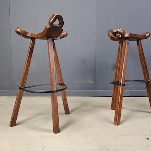 Mid century brutalist bar stools - set of 2, 1960s - vintage wooden bar stools - brutalist stools - oak bar stools - vintage bar stools