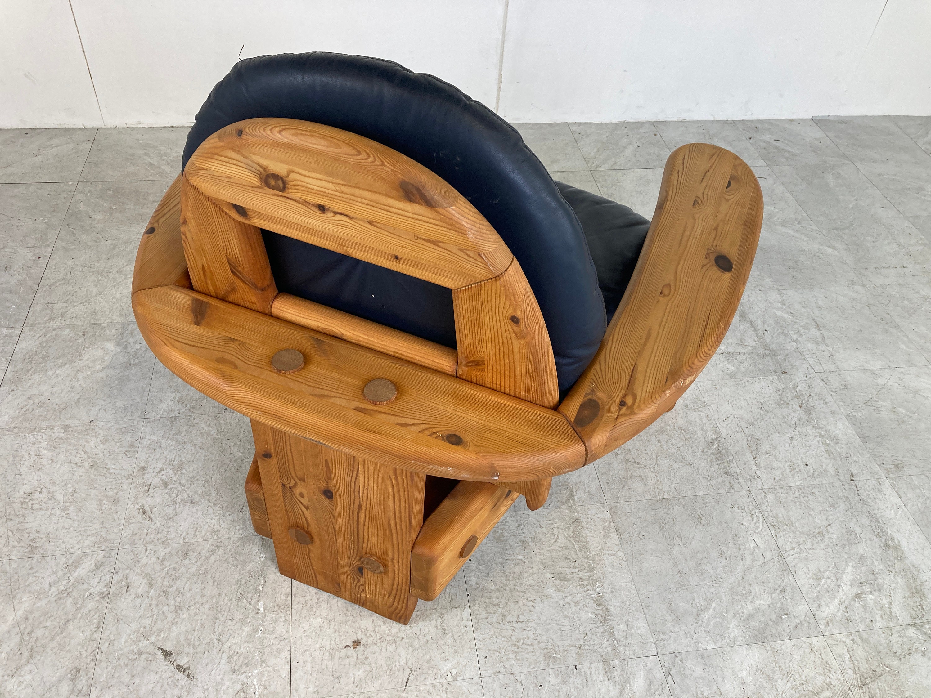 Brutalist Pine Wood Armchair 1960s Vintage Leather Armchair Etsy