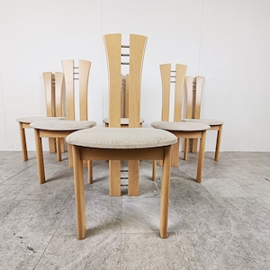 Set of 6 wooden high back dining chairs, 1990s - vintage wooden dining chairs - design dining chairs