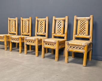 Conjunto de 5 cadeiras de jantar em bambu estilo boho chic com design robusto - cadeiras de jantar vintage em bambu - cadeiras exóticas