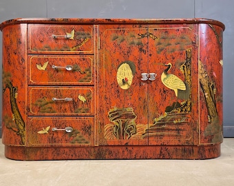 Vintage red chinoiserie cabinet, 1970s - vintage buffet - art deco style cabinet - asian cabinet - red lacquer cabinet