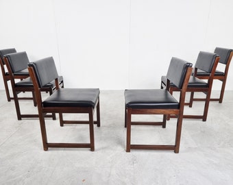 Set of 6 brutalist dining chairs by Emiel Veranneman for Decoene, 1970s - vintage design chairs - leather dining chairs