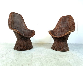 Vintage wicker high back lounge chairs, 1960s - mid century modern lounge chair - rattan chair - unique rattan chair - high back chair