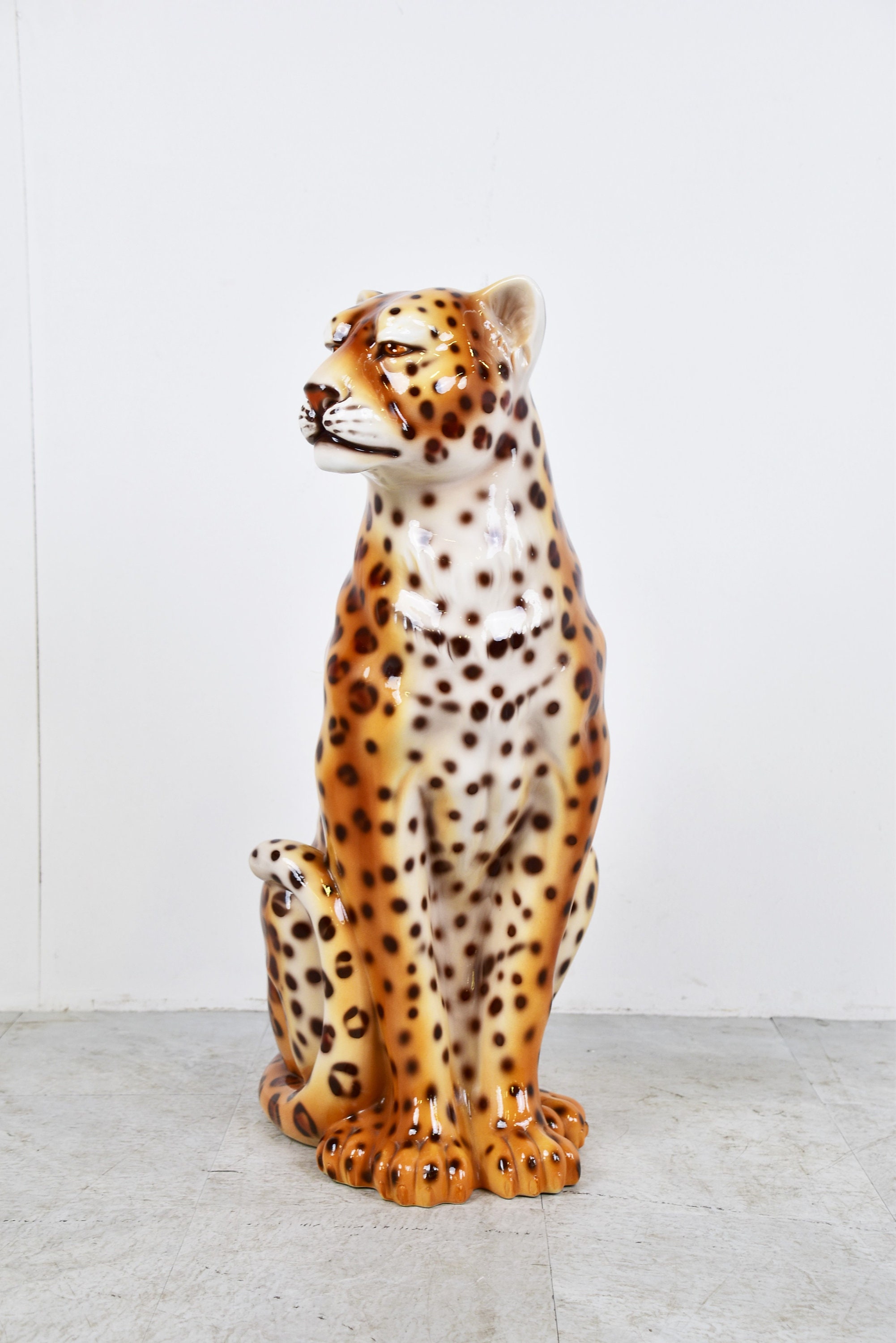 XL Italian Ceramic Leopard Figure, 1960s Hollywood Regency Leopard  Sculpture Ceramic Leopard Italian Leopard Statue 