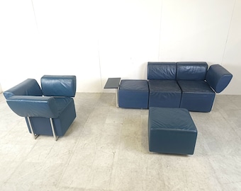 Sofá Clou posmoderno de Cor, década de 1990 - sofá vintage de cuero azul - conjunto de sofás posmodernos - conjunto de sofás vintage