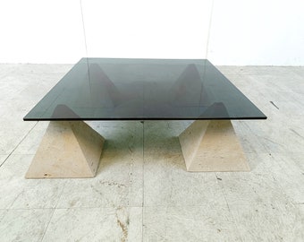 Vintage stone pyramid coffee table, 1970s - stone cocktail table - smoked glass coffee table - sculptural coffee table