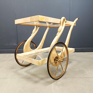アルド・トゥーラ作、イタリア製漆塗りのヤギ革製スワンバーカート、1960年代 - ヴィンテージデザインのトロリー - シックなイタリア製ヴィンテージバーカート