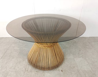 Bamboo dining table, 1980s - bamboo dining table - round glass dining table - vintage dining table