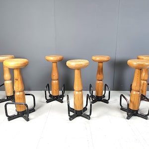 Mid century brutalist bar stools, 1960s - set of 7 - vintage wooden bar stools - brutalist stools - oak bar stools - vintage bar stools