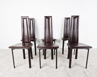 Vintage brown leather dining chairs, set of 6, 1980s - vintage italian dining chairs - high back dining chairs