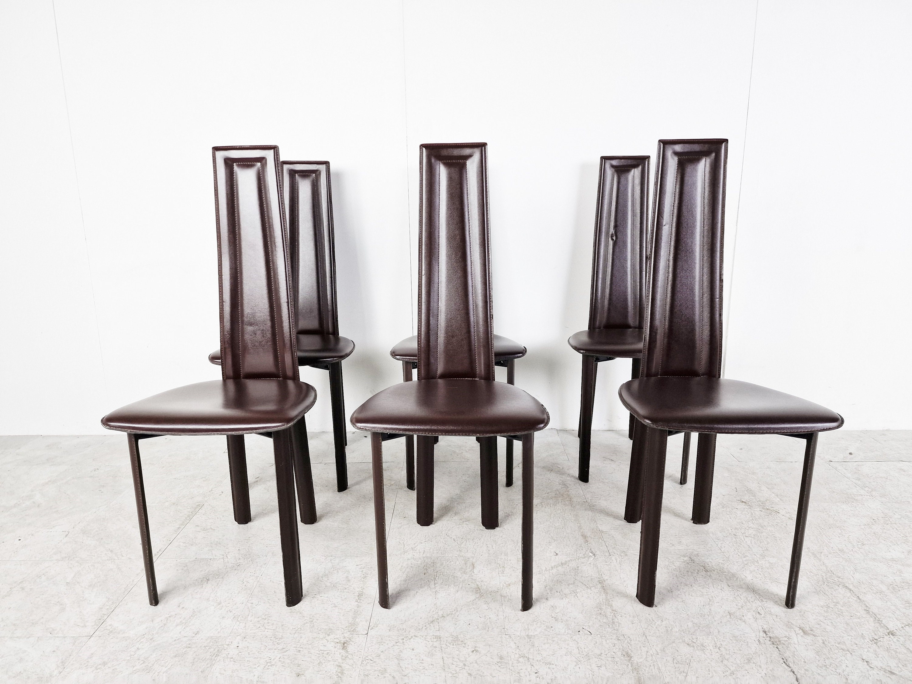 Vintage Brown Leather Dining Chairs Set of 6 1980s Vintage
