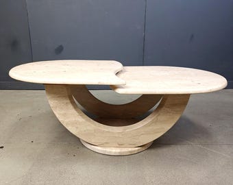 Vintage two tier travertine coffee table, 1970s - mid century coffee table - round travertine coffee table - arched coffee table