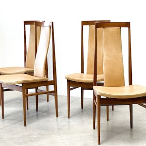 Mid century oak high back dining chairs, 1960s - vintage scandinavian dining chairs - oak dining chairs - leather dining chairs