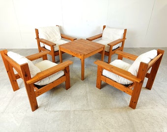 Vintage pine wood armchair set, 1980s - vintage living room set - vintage pergola set - design pine wood chairs