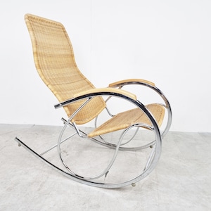 Vintage chrome and wicker rocking chair, 1970s - mid century rocking chair - chrome rocking chair - bauhaus style rocking chair